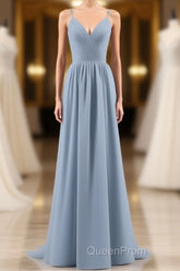 Dusty Blue Chiffon Cutout Back A-Line Long Bridesmaid Dresses