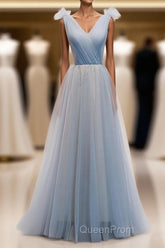 Simple Blue V Neck Tulle Long Evening Prom Dresses, Blue Formal Dresses
