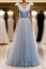 Simple Blue V Neck Tulle Long Evening Prom Dresses, Blue Formal Dresses