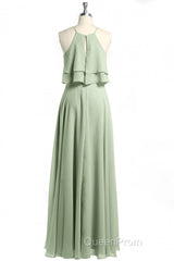 Sage Green Chiffon Halter Ruffle A-Line Long Bridesmaid Dresses