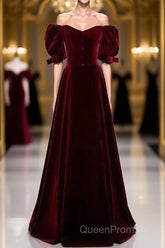 Modest Burgundy Long Evening Prom Dresses with Short Sleeves Vintage Evening Gown