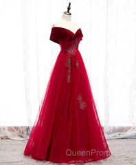 Burgundy Tulle Off Shoulder Long Evening Prom Dresses, Burgundy Formal Dresses