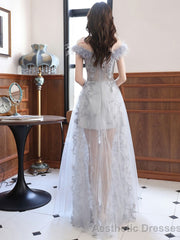 Gray Sweetheart Neck Tulle Long Prom Dress Gray Evening Dress