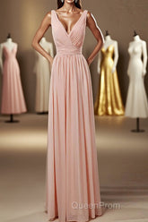 Elegant Plush Pink V-Neck Open Back A-Line Long Bridesmaid Dresses