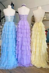 Lavender Illusion Halter Flower Appliques Multi-Layers Long Evening Prom Dresses