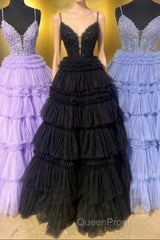 Lilac Floral Layers Spaghetti Straps Lonh Evening Prom Dresses