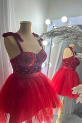 Red Two-Piece Sequins Top Bow Tie Straps A-line Homecoming Dress