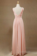 Elegant Plush Pink V-Neck Open Back A-Line Long Bridesmaid Dresses