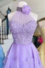 Lavender Illusion Halter Flower Appliques Multi-Layers Long Evening Prom Dresses