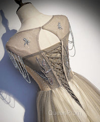 Champagne Round Neck Sequin Long Evening Prom Dresses, Tulle Formal Dresses