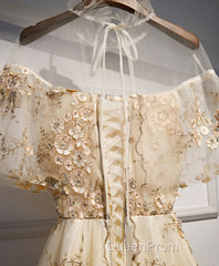 Champagne Tulle Lace Long Evening Prom Dresses, Champagne Formal Dresses, 1