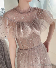 Champagne Tulle Sequin Long Prom Dress Tulle Formal Dress