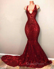 Red Sequins Shiny V-Neck Mermaid Long Evening Prom Dresses