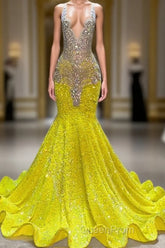 Yellow V-Neck Sleeveless Mermaid Evening Prom Dresses Featuring Beadings and Sequins