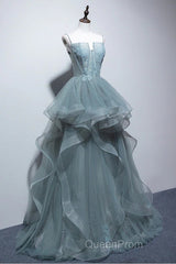 Gray Spaghetti Straps Tulle Princess Formal Evening Party Dresses Long Formal Evening Prom Dresses