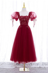 Burgundy Short Sleeve Tulle Tea Length Prom Dress, A-Line Party Dress