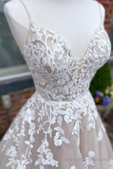 A-Line Tulle Lace Long Prom Dresses, V-Neck Backless Evening Dresses