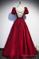 Burgundy Tulle Long Prom Dresses, A-Line Backless Evening Dresses