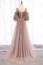 A-Line Tulle Long Prom Dresses, Lace Evening Dresses