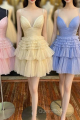 Cute Tulle V-Neck Short Evening Prom Dresses, A-Line Homecoming Party Dresses