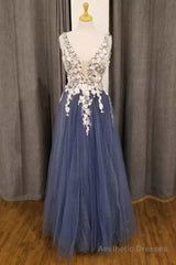 White and Navy 3D Floral Lace Plunge Neck A-Line Prom Dress