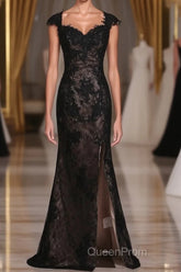 Black Off The Shoulder Sheath Evening Prom Dresses Lace&Tulle Floor Length With Applique & Slit
