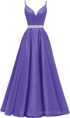 Spaghetti Straps Prom Dresses Long Satin Beaded V-Neck Formal Evening Party Ball Gowns with Pockets