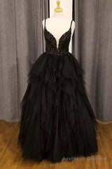 Black Tulle Floral Lace Straps Tiered A-Line Prom Gown