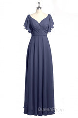 Navy Blue V-Neck Backless Ruffled A-Line Long Dresses