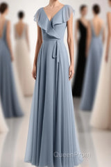 Dusty Blue V-Neck Backless Ruffled A-Line Long Bridesmaid Dresses