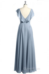 Dusty Blue V-Neck Backless Ruffled A-Line Long Bridesmaid Dresses