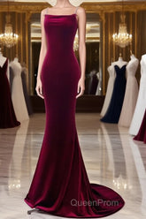 Simple Velvet Mermaid Burgundy Long Evening Prom Dresses, Burgundy Long Formal Dresses