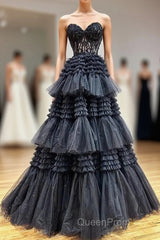 Black Sweetheart Neck Tulle Lace Long Evening Prom Dresses, Black Formal Evening Dresses