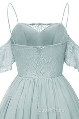 Off the Shoulder Lace Over Chiffon Sage Green Party Dresses