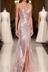 Rose Gold Sequin V-neck Long Formal Dresses with Slit
