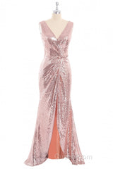 Rose Gold Sequin V-neck Long Formal Dresses with Slit