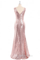 Rose Gold Sequin V-neck Long Formal Dresses with Slit