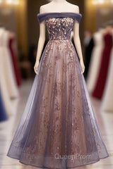 Unique Tulle Off Shoulder Lace Long Evening Prom Dresses, Lace Formal Dresses