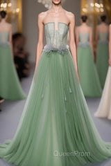 Green Tulle Lace Long Evening Prom Dresses, Green Tulle Evening Dresses, 3