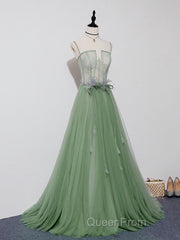 Green Tulle Lace Long Evening Prom Dresses, Green Tulle Evening Dresses, 3