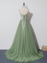 Green Tulle Lace Long Evening Prom Dresses, Green Tulle Evening Dresses, 3