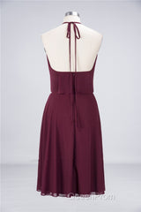 Burgundy Halter Backless Ruffled A-Line Short Dresses