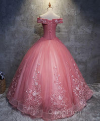 Pink Tulle Lace Off Shoulder Long Evening Prom Dresses, Pink Tulle Evening Dresses, 1