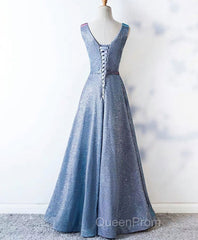 Unique Blue Sequin Long Evening Prom Dresses, Blue Formal Dresses