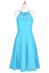 Pool Blue Chiffon Halter Short Bridesmaid Dresses