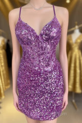 Purple Straps Sequined Embroidery Sheath Homecoming Dresses