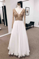 Champagne A-line V Neck Long Sleeves Chiffon Long Prom Dress