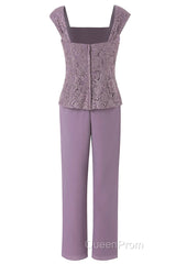 Three-Piece Mauve Square Neck Mother of the Bride Pant Suits