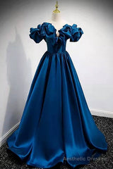 A-Line Dark Blue Off-the-Shoulder Stain Prom Gown