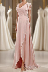 Blush Pink V-Neck Ruffled Long Bridesmaid Dresses